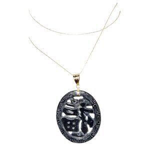 Black Carved Jadeite Pendant Chinese symbol of Prosperity on 10 K Chain Necklace